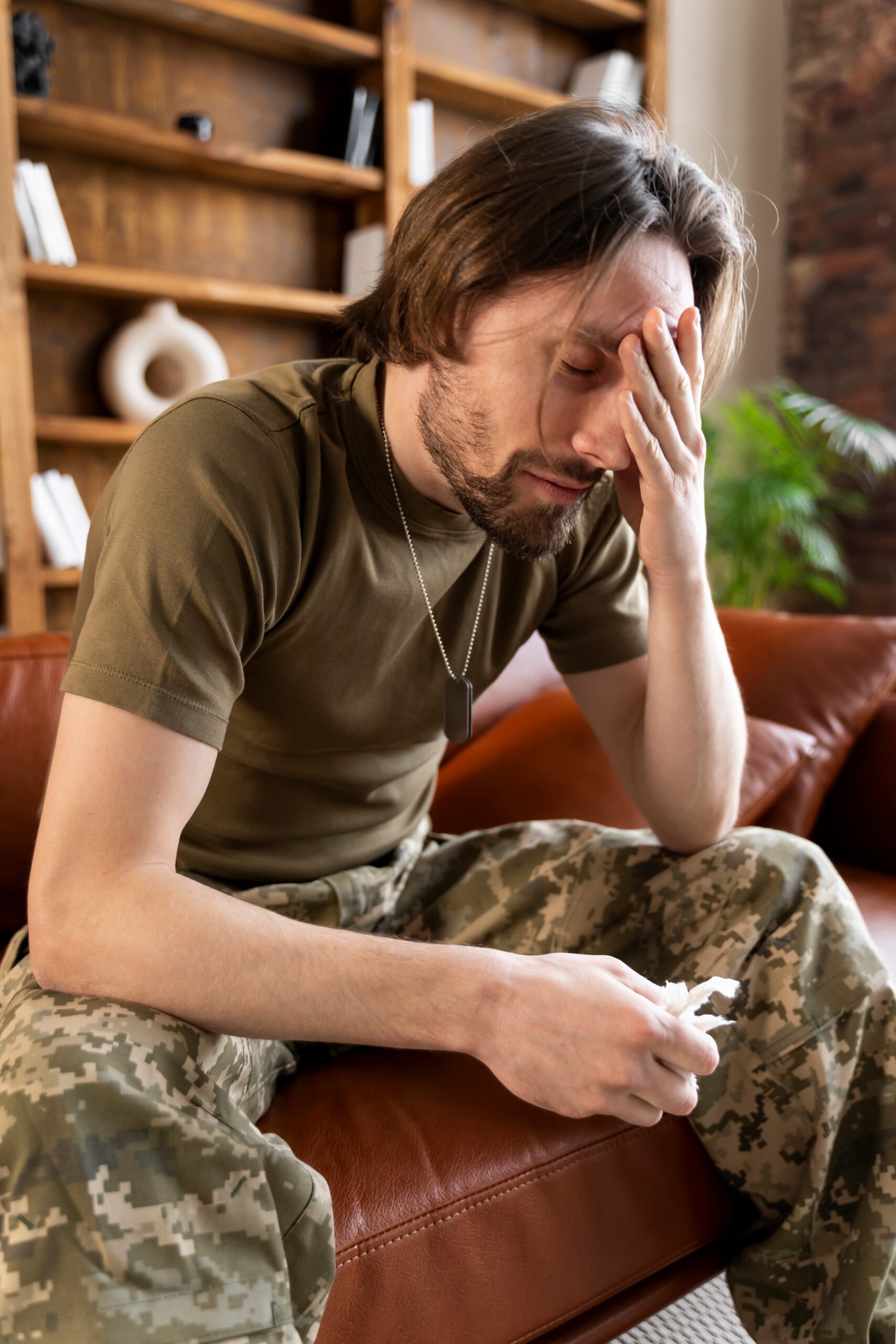 Military man suffering from PTSD - trauma care